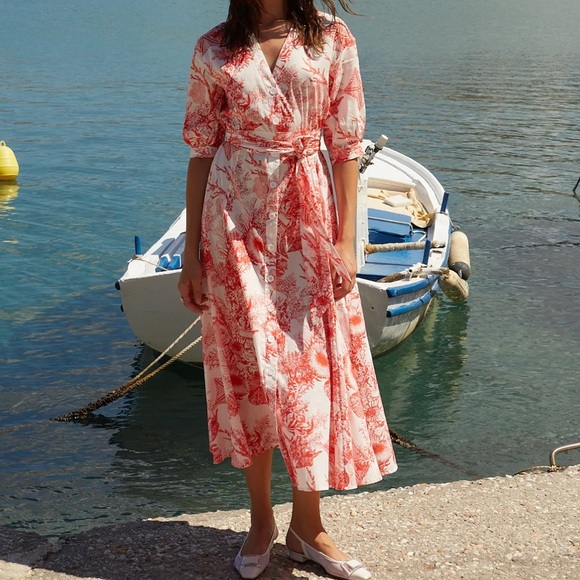 NWT NEW Evi Grintela Athens Women’s Yara Dress XS 2 Midi Shirt Dress Coral Ocean